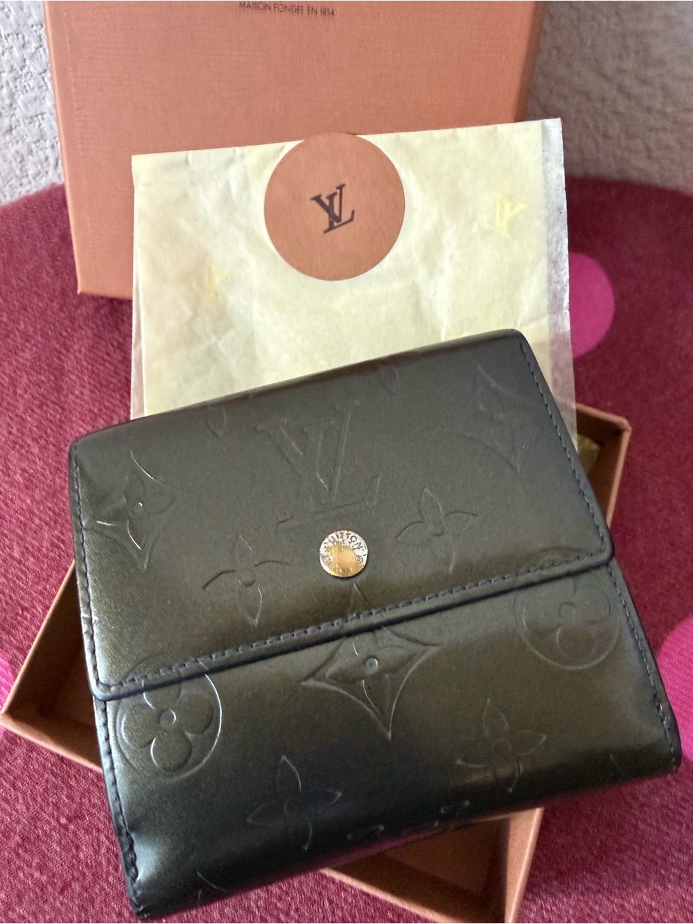 Louis Vuitton M65112 Monogram Mat Elise Wallet Black Noir Leather Authentic